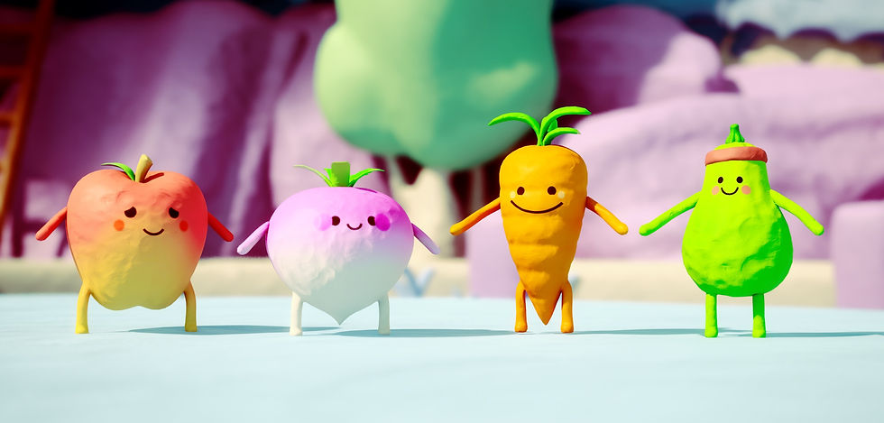A line-up of the Jitter characters showing Pip the apple, Neep the turnip, Root the carrot, and Laurel the gourd.