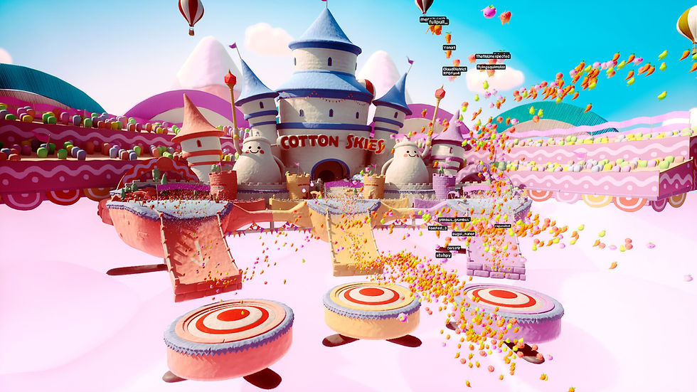 Thousands of carrots, turnips, gourds, and apples are launched into the sky off the bounce pads of the beginning of the cotton skies map, a bright candy coloured world.