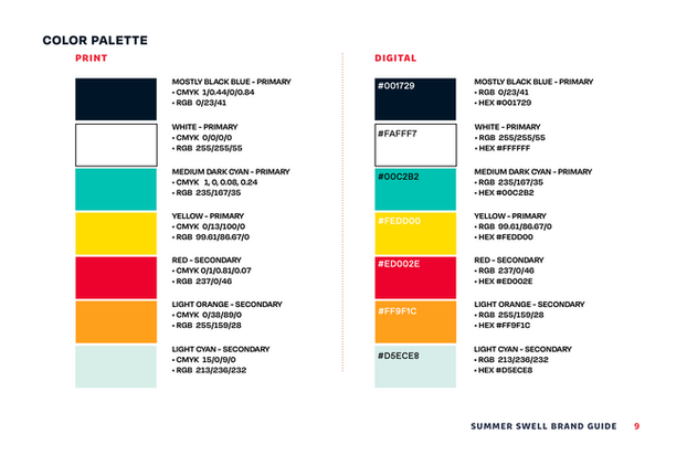 The Summer Swell brand color guide, taken from the full brand guidelines.