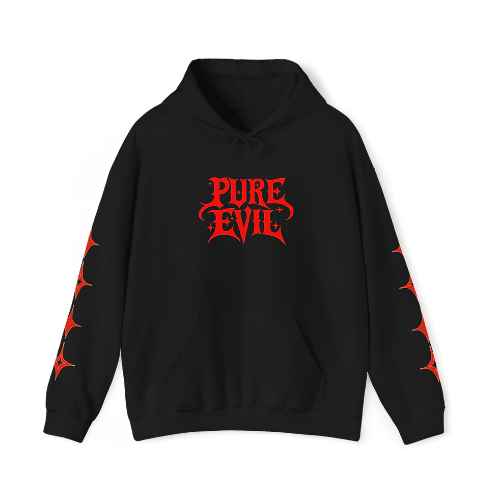 Thumbnail: Hoodie - "Pure Evil" Red Gothic Logo Hoodie with Sleeve Stars