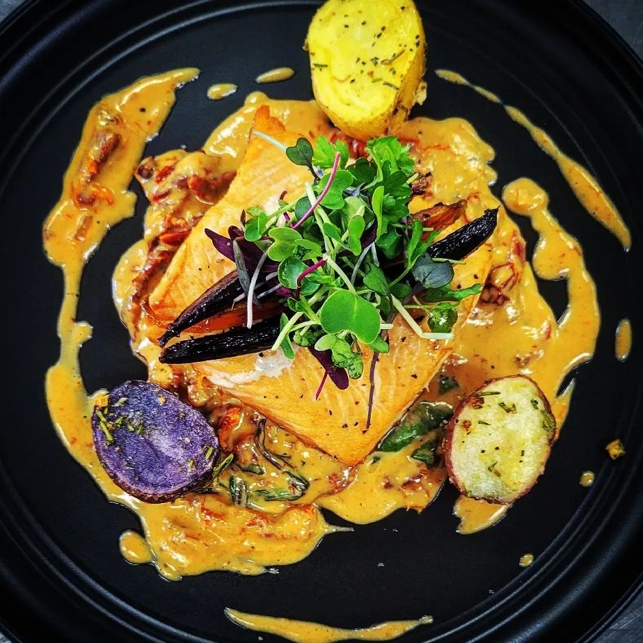 Roasted Salmon with a Sun-dried and Spinach Tuscan Cream Sauce - Elisas Catering - Wedding Caterer - Private Chef