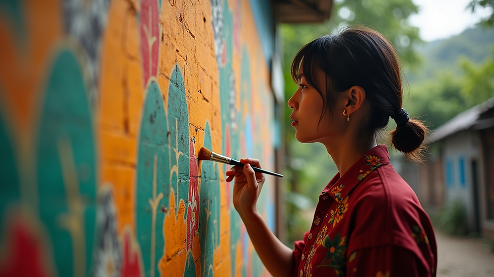 Eye-level view of a Rohingya artist painting a traditional mural