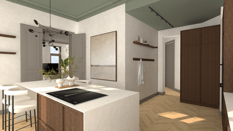 Vy över kökets arbetsyta med ljus köksö, mörkbruna skåp och ett gröntonat tak med listverk. En svart taklampa i modern design