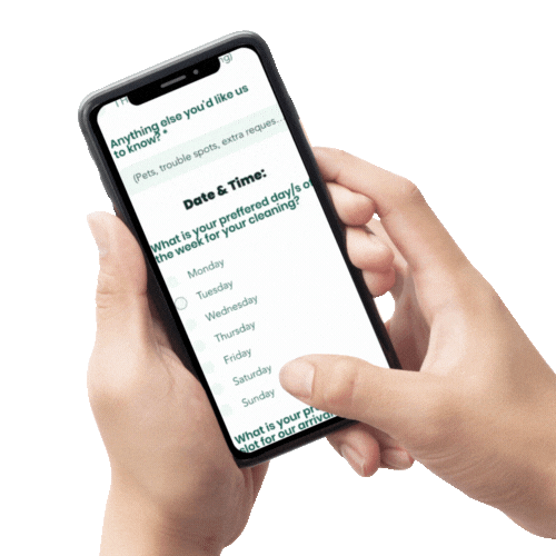 Person browsing the quote request page of We're Here! cleaning service on a phone