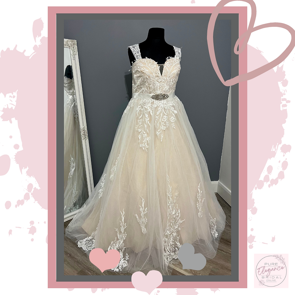 Thumbnail: Front Side View of Aria Champagne Lace Wedding Dress With Belt And Straps