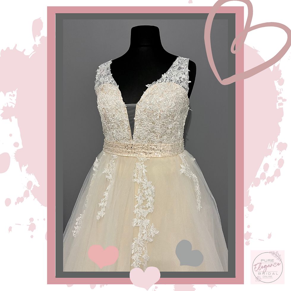 Thumbnail: Close Up Front Side View of 'Demi' Champagne Lace Wedding Dress