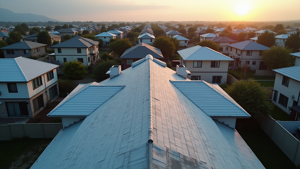 High-angle view of an extensive residential roofing project
