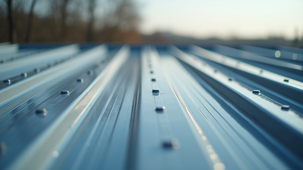 High angle view of metal roof panels showing fasteners and seams