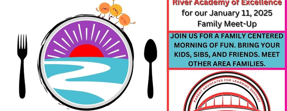 A graphic design for River Academy of Excellence Pancake Breakfast and PALS January Meet-up January 11, 2025