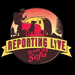 Reporting Live From My Sofa logo with hiker, dog, and van