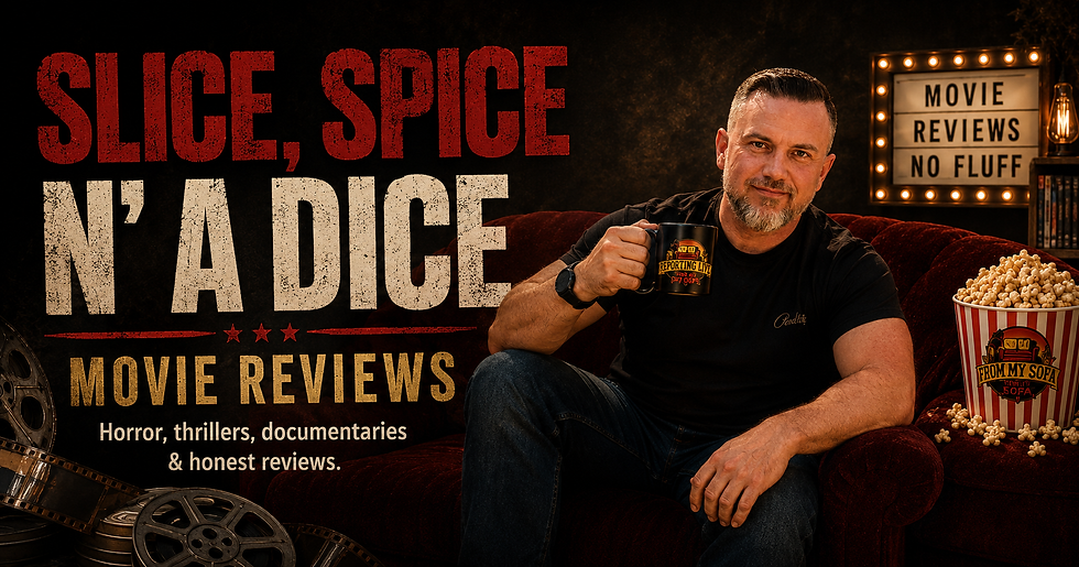 Slice, Spice N’ A Dice Movie Reviews banner with the host on a red sofa beside popcorn and film reels, featured on the Not Carol documentary review.