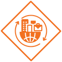 Icon of business symbols inside globe representing fast access to acquired systems