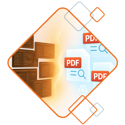 Illustration of old system files transforming into modern PDF archives