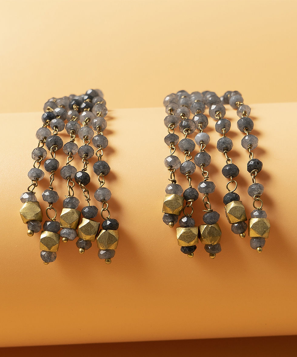 Thumbnail: Grey Genuine Semiprecious Gemstone and Dokra Brass Earring