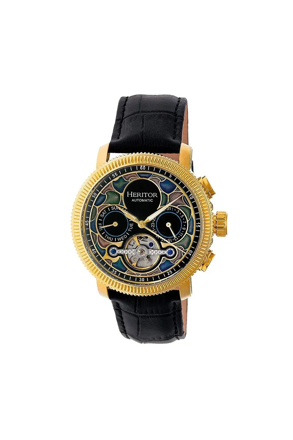 Thumbnail: Heritor Automatic Aura Men's Semi-Skeleton Leather-Band Watch