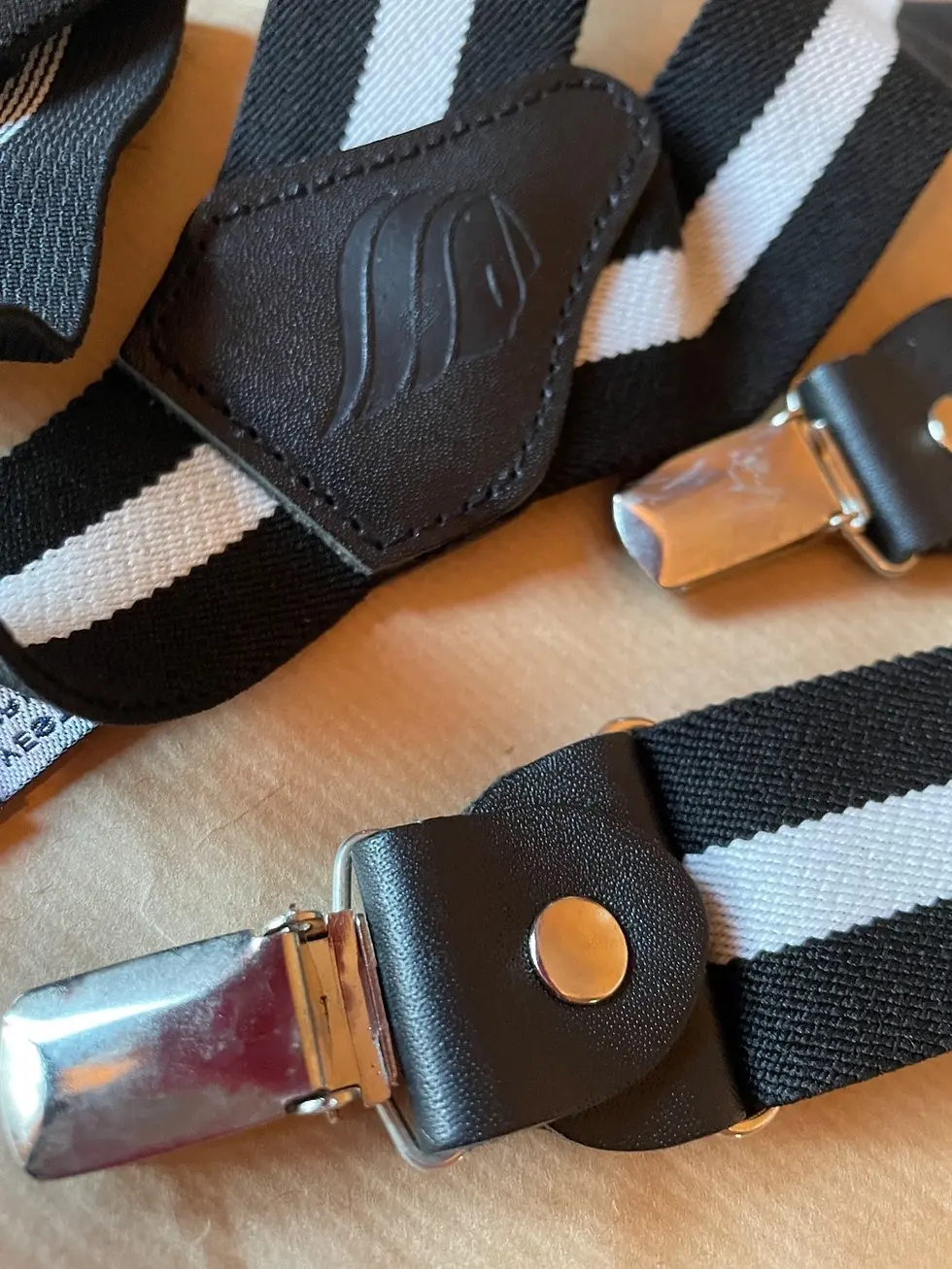 Thumbnail: Black And White Striped Braces With Real Leather
