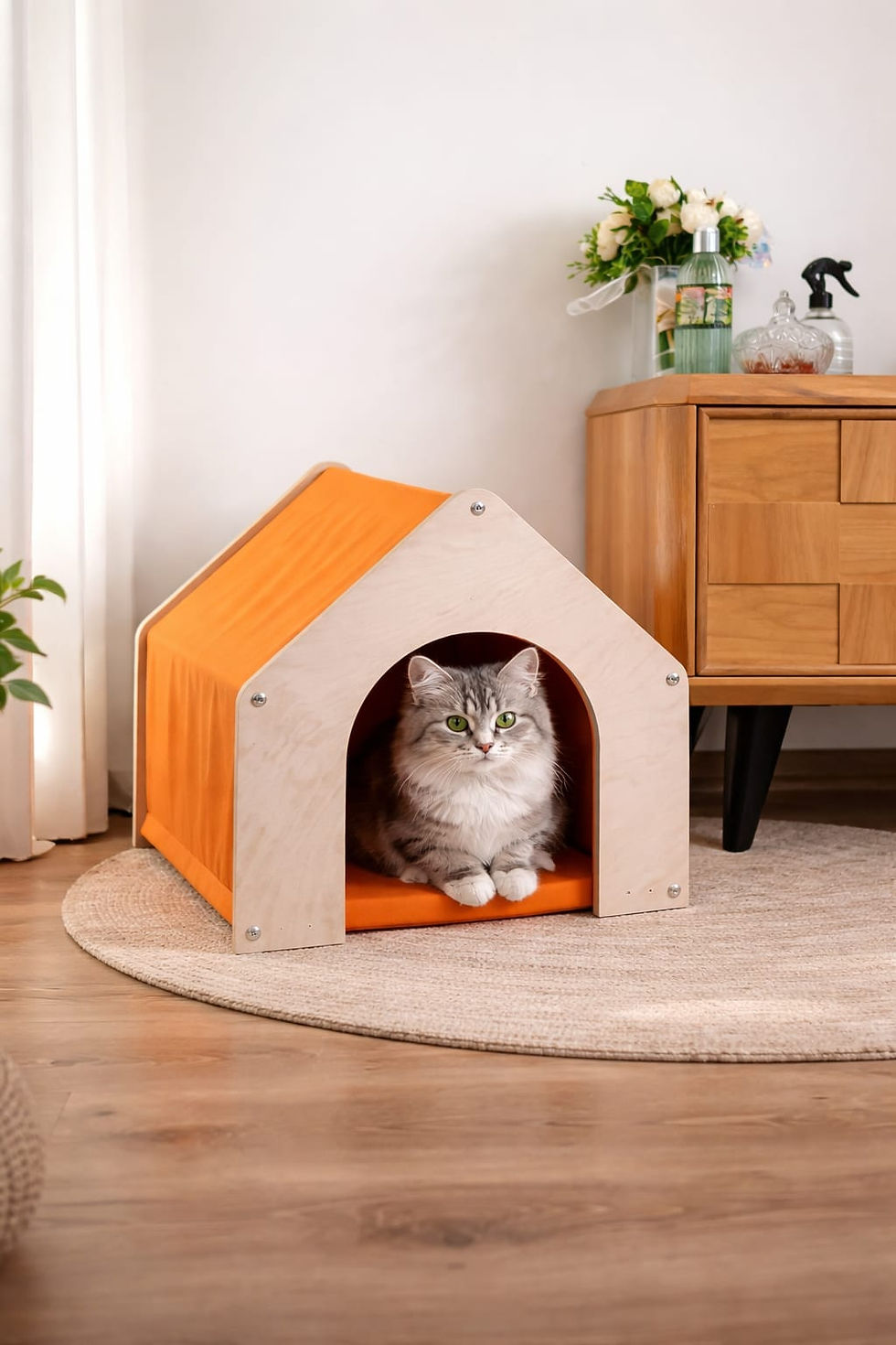 Küçük resim: Ahşap Kedi Evi –Renkli Kumaş - Modern İç Mekan Kedi Yuvası