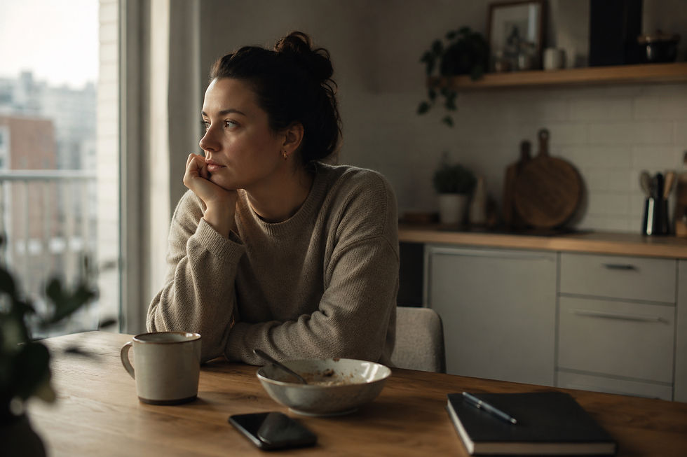 Woman sitting thoughtfully at a kitchen table in warm morning light with coffee and breakfast, representing early subtle signs of metabolic health changes.