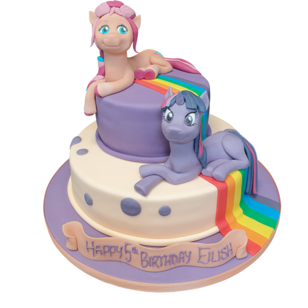 Bespoke My Little Pony cake featuring Twilight Sparkle and Sunny Starscout figures, Solihull, West Midlands.