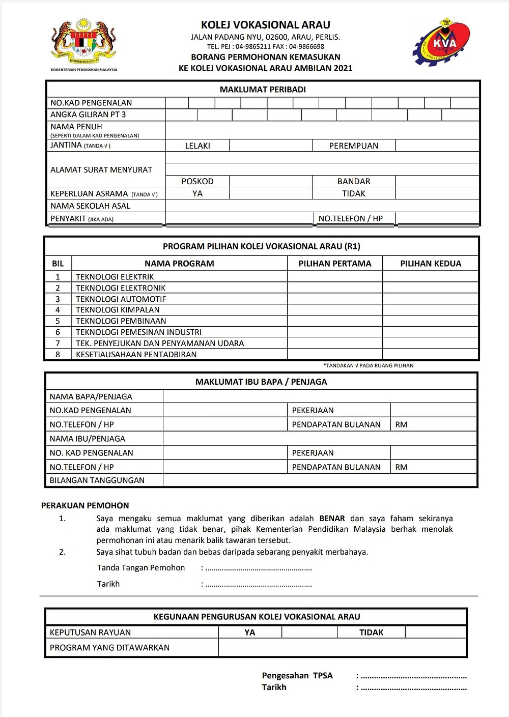 Kemasukan Ke Kv Arau Ambilan 2021