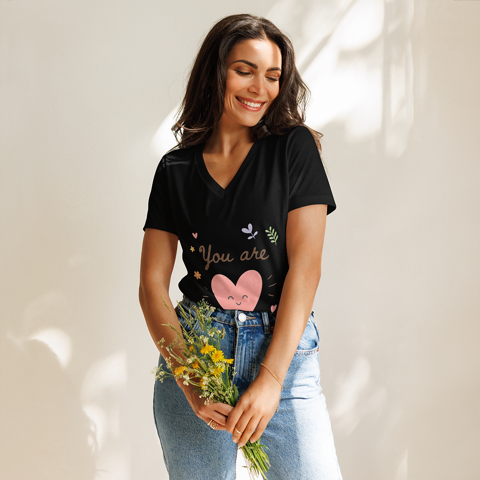 Thumbnail: You Are So Loved Women’s relaxed v-neck t-shirt — Womens v neck t shirt solid black blend front