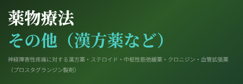 🌿 漢方薬⚖️ 虚実判断❄️🔥 寒熱判断🌿 牛車腎気丸🌿 桂枝加朮附湯🌿 疎経活血湯💊 ステロイド（グレードB）🧠 中枢性筋弛緩薬💊 バクロフェン⚡ クロニジン（α₂刺激薬）🩸 プロスタグランジン製剤🩸 PGE₁・PGI₂製剤🔬 神経障害性疼痛
