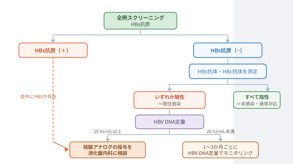 ※ 20 IU/mLは1.3 LogIU/mLに相当します。実際の運用では、日本肝臓学会「B型肝炎治療ガイドライン」の免疫抑制・化学療法により発症するB型肝炎対策ガイドラインの原本をご確認ください。