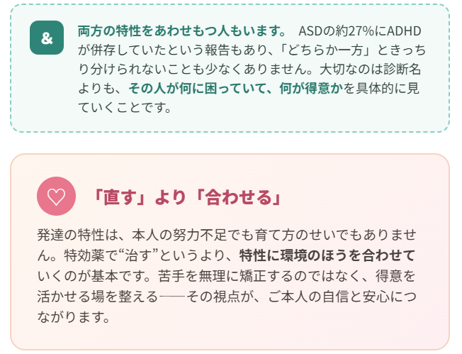 神経発達症は、社会的な理解や国の支援も年々広がっています。「うちの子は」「自分は」と一人で悩まず、まずは特性を知ることから始めてみてください。在宅療養中の方やご家族についても、生活の中での具体的な工夫や、利用できる支援へのつなぎを一緒に考えていきます。どうぞお気軽にご相談ください。