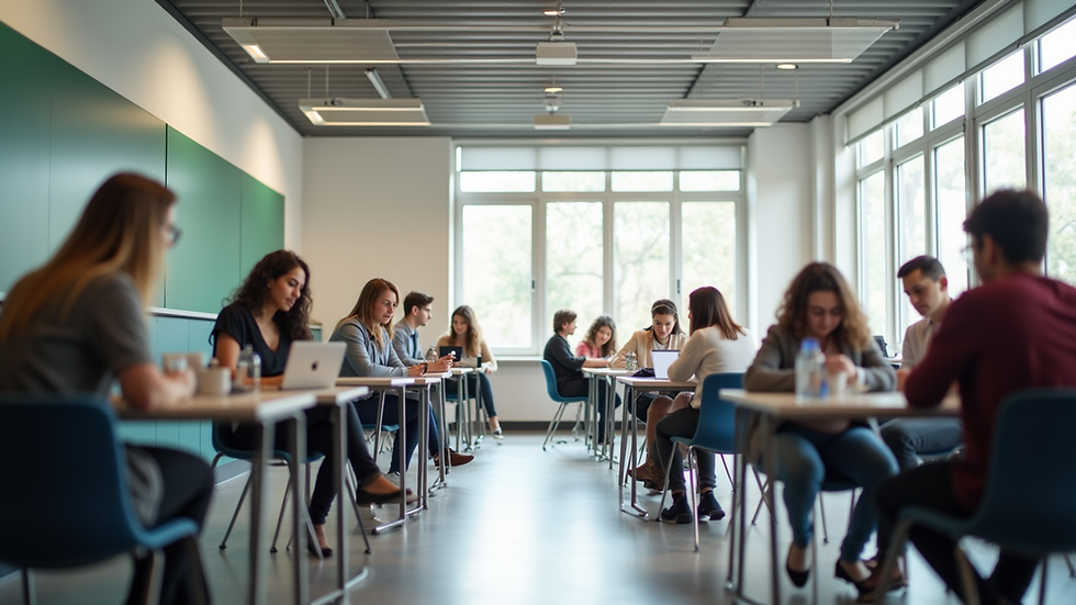 Eye-level view of a modern learning space with students engaged in collaborative activities