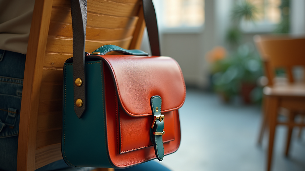 Close-up of a colorful crossbody bag hanging on a chair