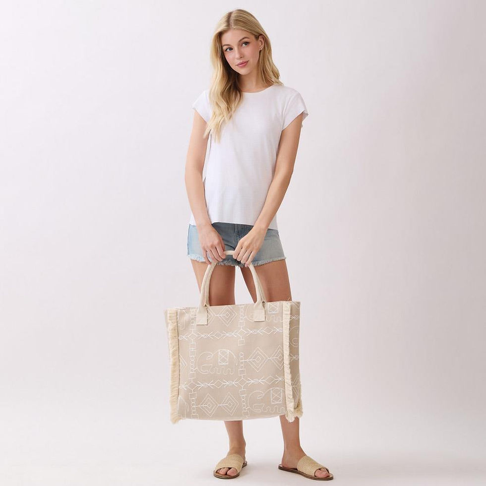 Thumbnail: Boho Geometric Elephant Print Fringe Tote Bag