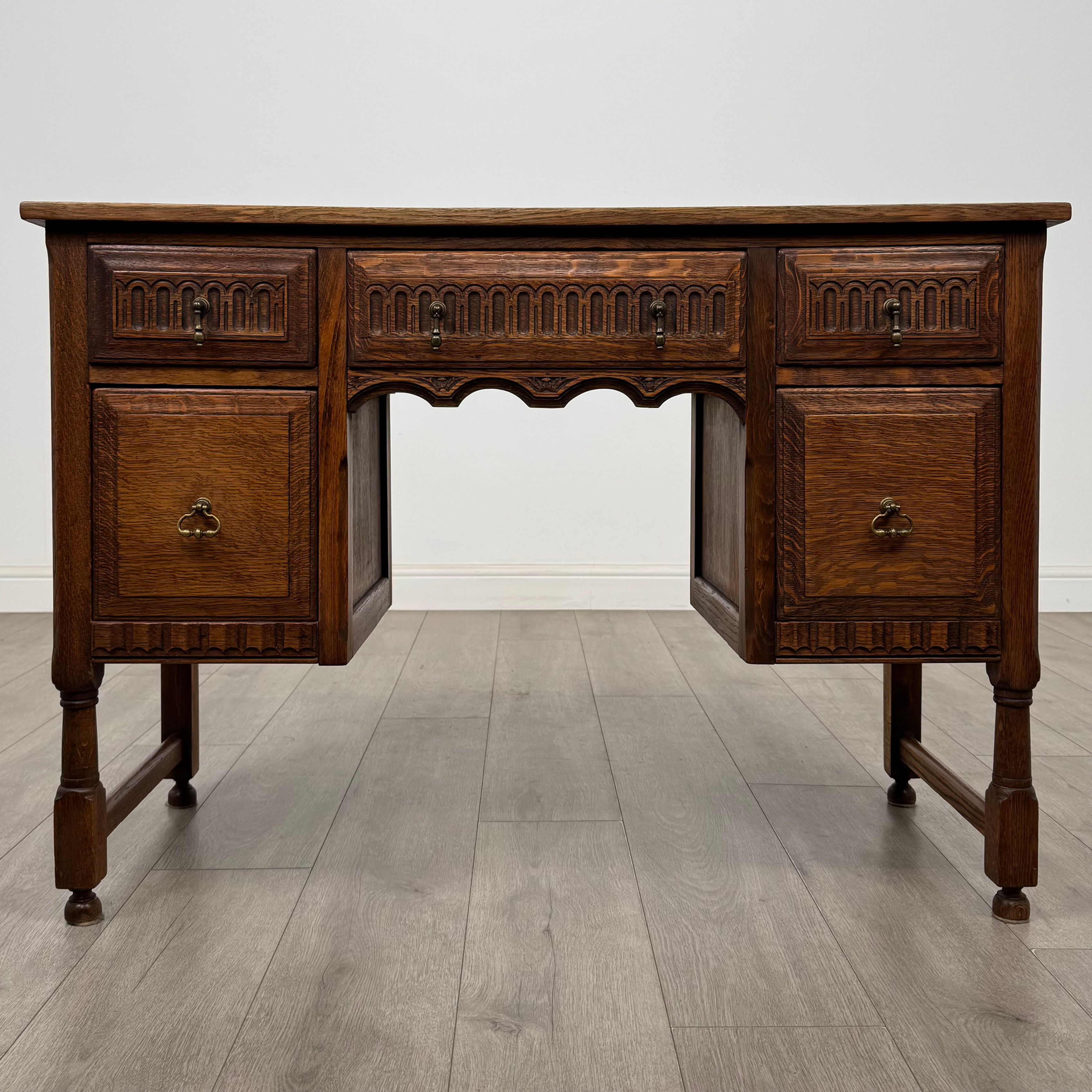 Antique Edwardian Carved Oak Desk | Five Drawers | AF-5586
