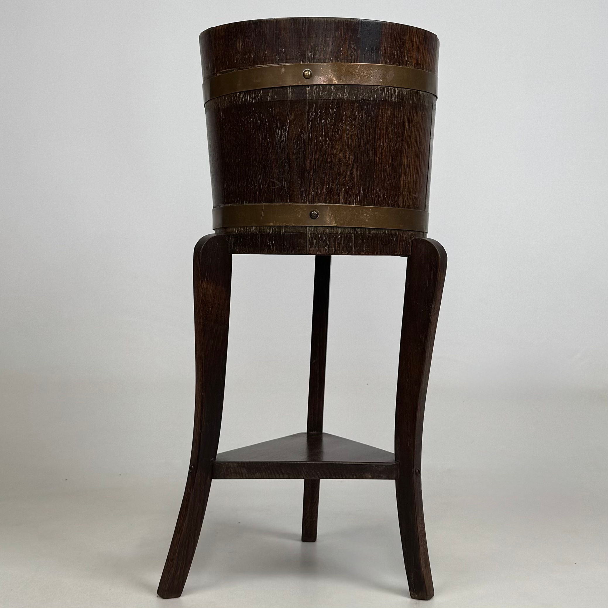 Antique 20th Century Small Barrel Plant Stand In Oak ( AF-5644 )