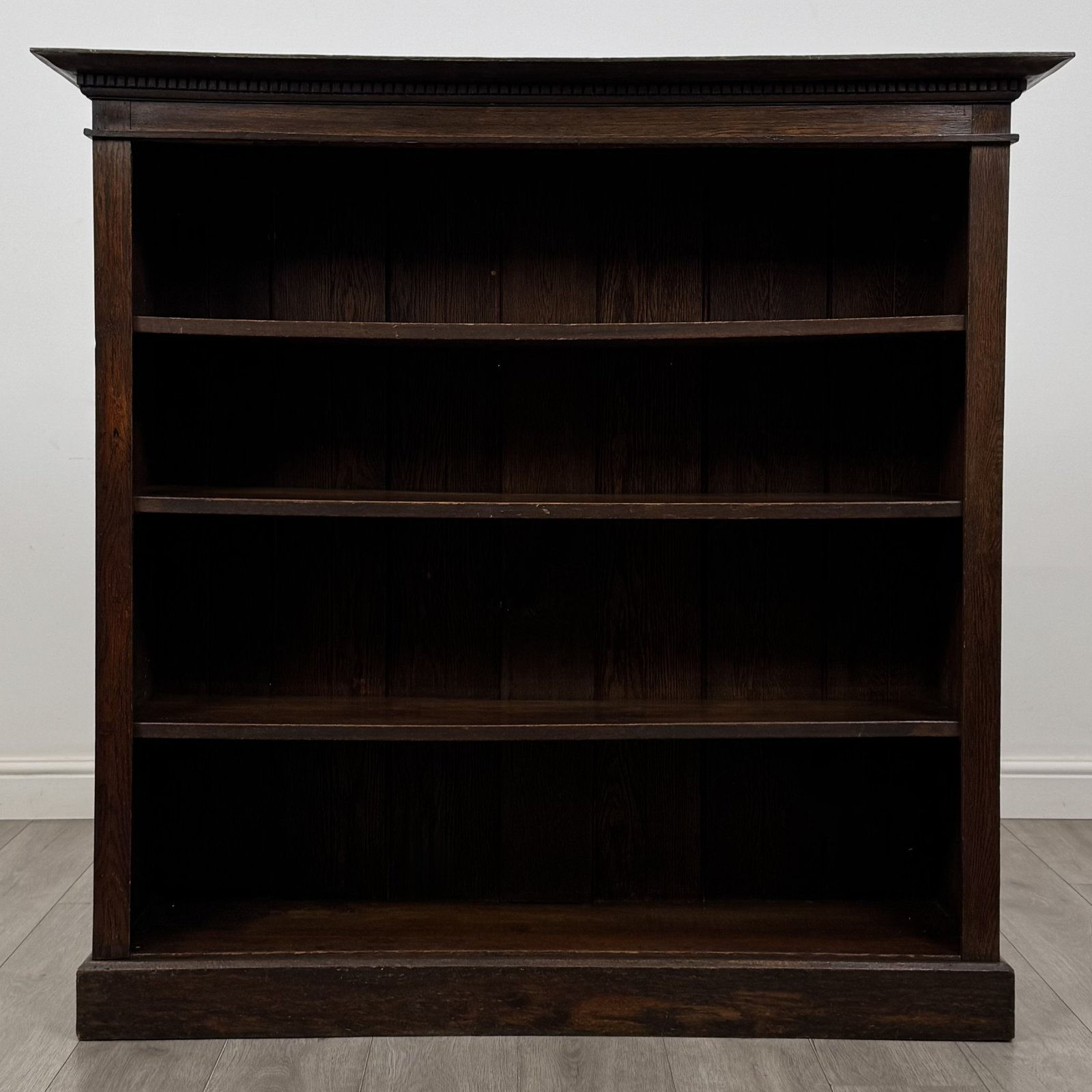 Antique Edwardian Oak Open Bookcase | Dentil Cornice | AF-6637