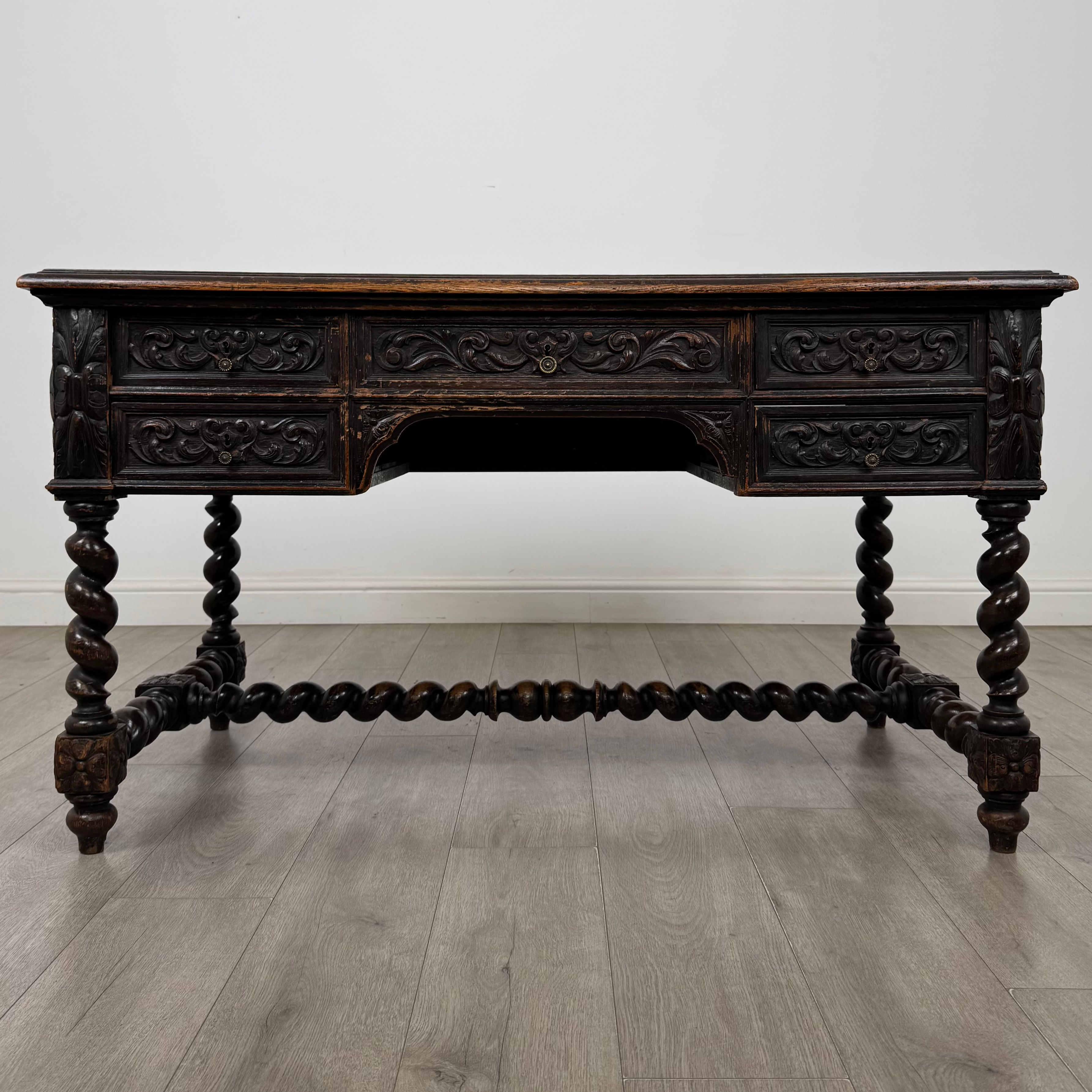 Antique 19th Century Carved Oak Victorian Writing Table ( AF-6112 )