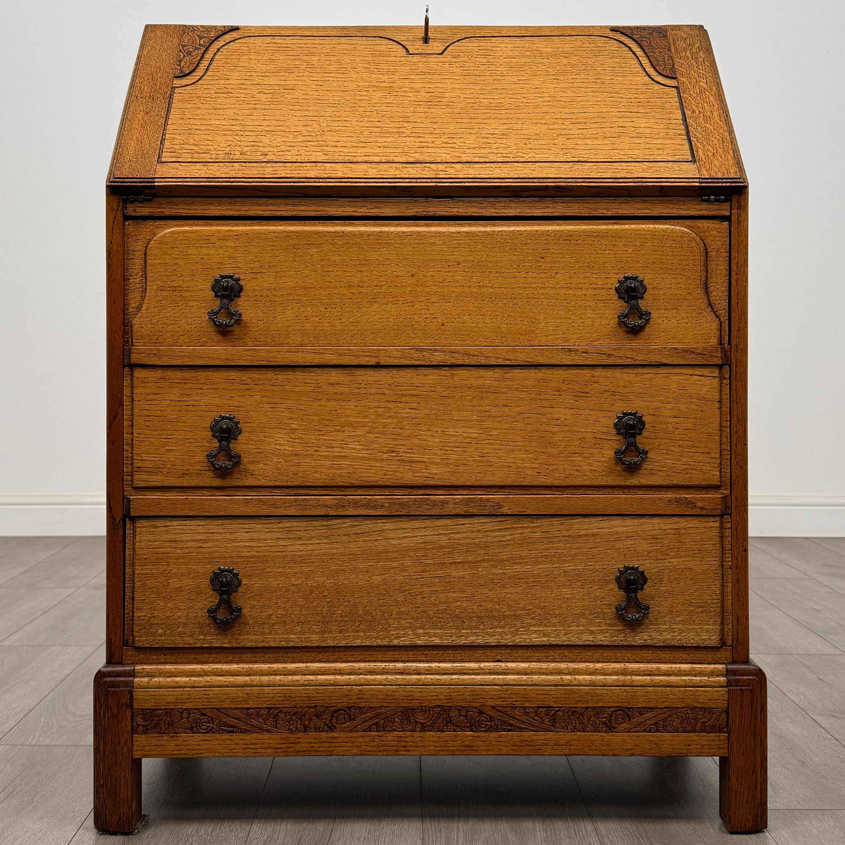 Antique 20th Century Art Deco Style Golden Oak Bureau ( AF-5497 )
