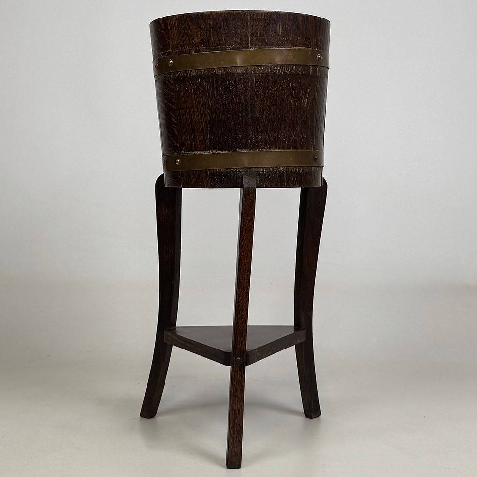Thumbnail: Antique 20th Century Small Barrel Plant Stand In Oak ( AF-5644 )