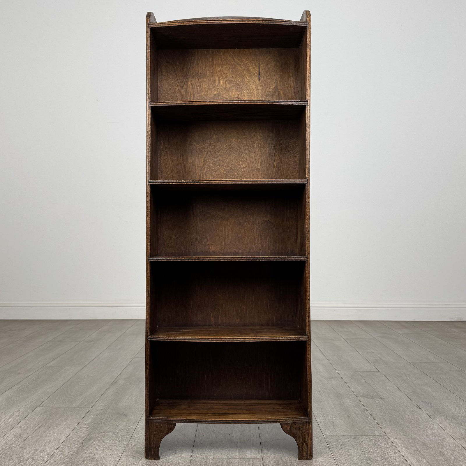 Antique Narrow Oak Open Bookcase | Bow Front Shelves & Shaped Feet | AF-6697