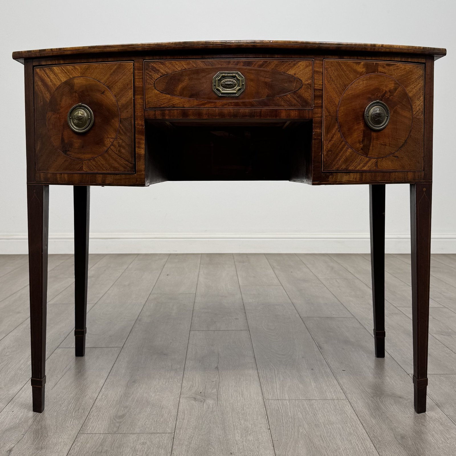 Antique Georgian Mahogany Bow Front Side Table | Inlaid Drawers | AF-6619
