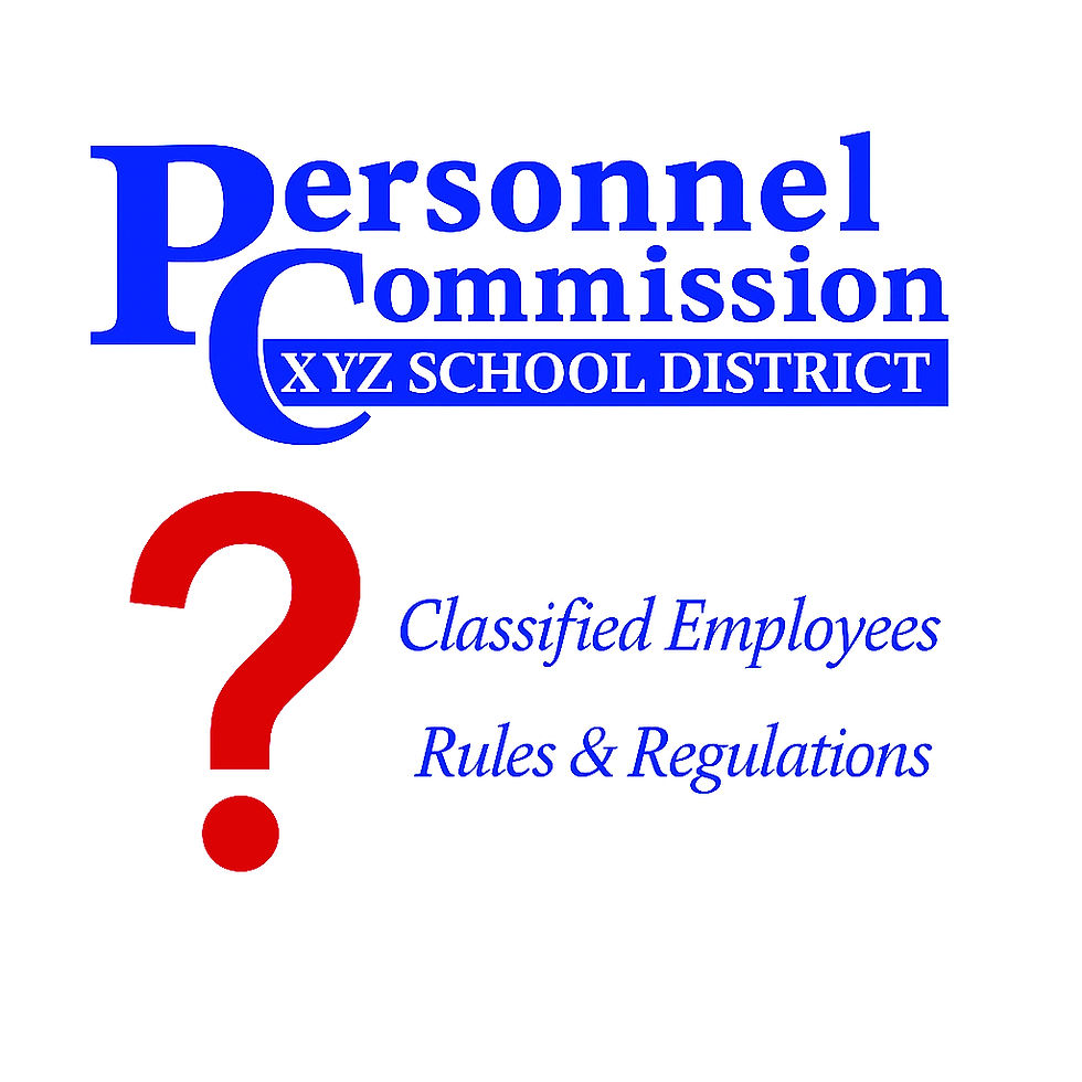 Illustration of a fictitious “Personnel Commission Rules & Regulations” cover for XYZ School District, symbolizing questions and confusion about classified employee policies and the merit system.