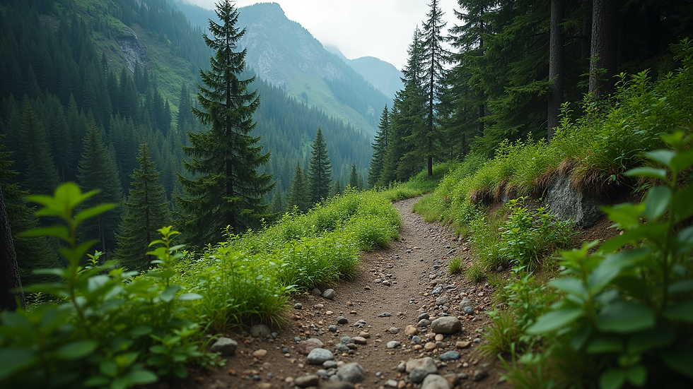Eye-level view of a rugged mountain trail winding through lush green forest