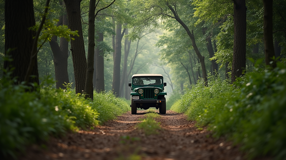 Eye-level view of a jeep moving through dense forest trails in Jim Corbett National Park