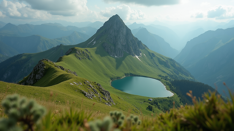 Eye-level view of a mountain peak with a small lake surrounded by green hills