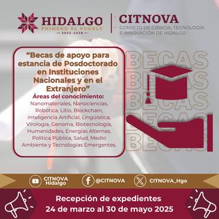 🚀 ¡Haz despegar tu futuro con una beca de posgrado! 🎓✨El Consejo de Ciencia, Tecnología e Innovación de Hidalgo #Citnova abre 4 convocatorias para impulsar el talento hidalguense a través del prog