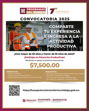 📢 CONVOCATORIA ABIERTA 📢 Programa #TuExperienciaTransformaConsulta todos los detalles en la plataforma:🌐 tuexperienciatransforma.hidalgo.gob.mxInformes con la @SedecoHidalgo:📞 771 688 6026 e