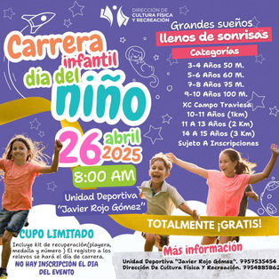 ¡Prepárate para una explosión de alegría, velocidad y sonrisas! 🌈Este 26 de abril a las 8:00 AM, la Unidad Deportiva “Javier Rojo Gómez” se transforma en el escenario de la Carrera Infantil del Día