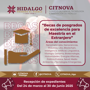 🚀 ¡Haz despegar tu futuro con una beca de posgrado! 🎓✨El Consejo de Ciencia, TecnologÃa e Innovación de Hidalgo #Citnova abre 4 convocatorias para impulsar el talento hidalguense a través del prog