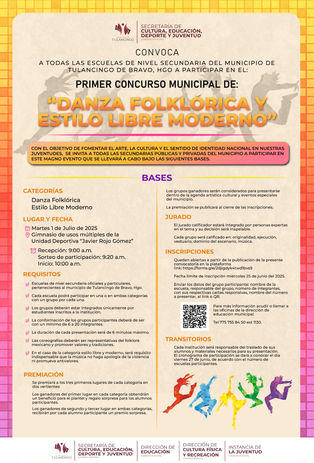 GOBIERNO DE TULANCINGO EMITE CONVOCATORIA AL PRIMERCONCURSO MUNICIPAL DE DANZA FOLKLÓRICA Y ESTILO LIBRE MODERNO
