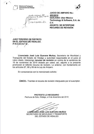 UBER SIN AUTORIZACIÓN PARA OPERAR EN HIDALGO, INTERPONE
SEMOT RECURSOS LEGALES