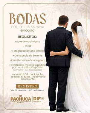 Registro para Bodas Colectivas en Pachuca concluye este 10 de febrero